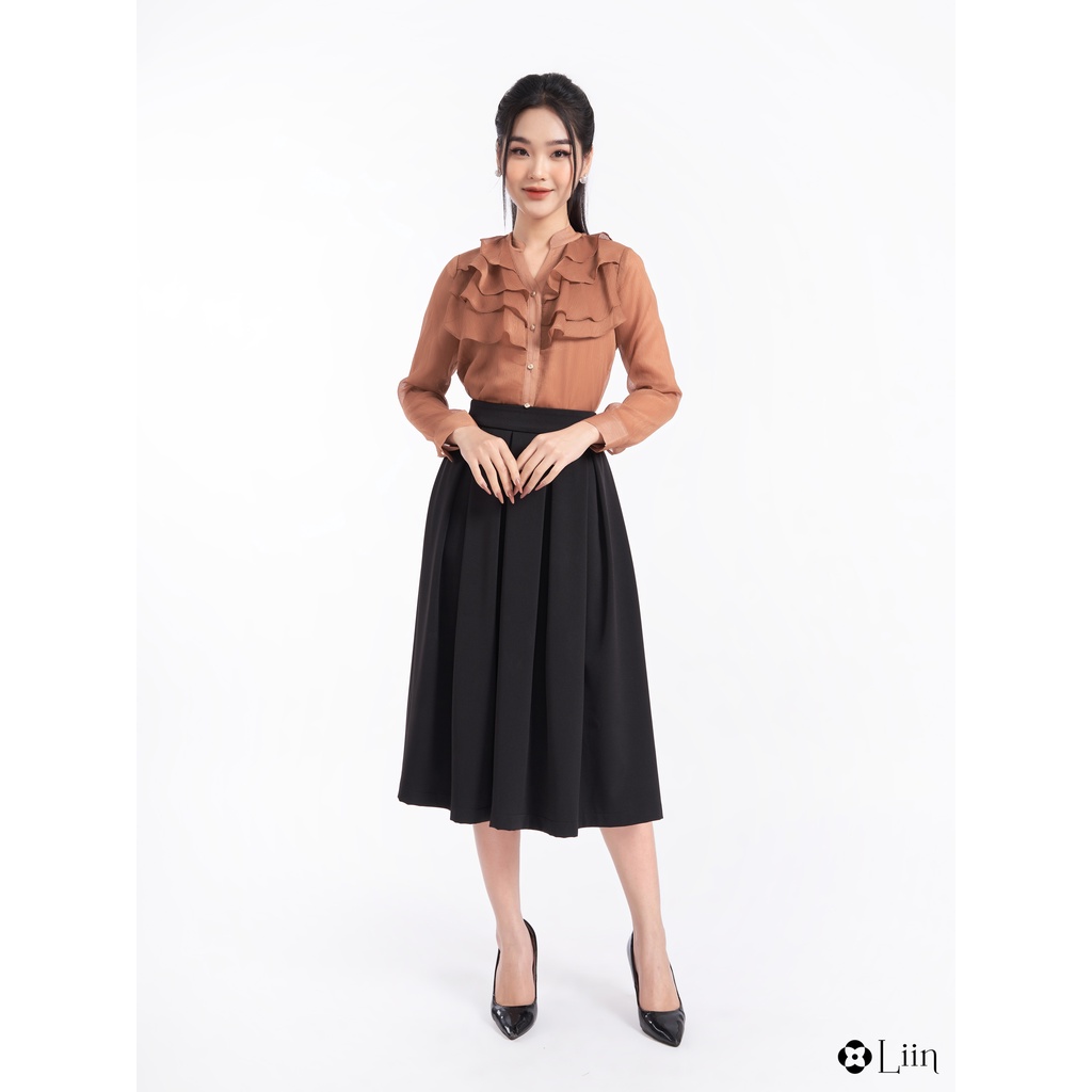 Áo kiểu nữ linbi thiết kế cổ tàu màu nâu bèo tầng cách điệu dài tay xinh xắn liin clothing SM3713