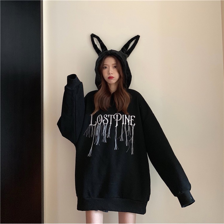 Áo hoodie nữ tay dài phong cách đường phố nón tai thỏ không có túi phối xích trái tim ulzzang ( 2 màu )