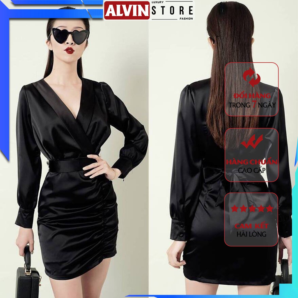 Đầm Ôm Body Lụa Dài Tay Chân Váy Rút Nhún Kết Hợp Dây Cột Eo Phong Cách - HÀNG MỚI VỀ