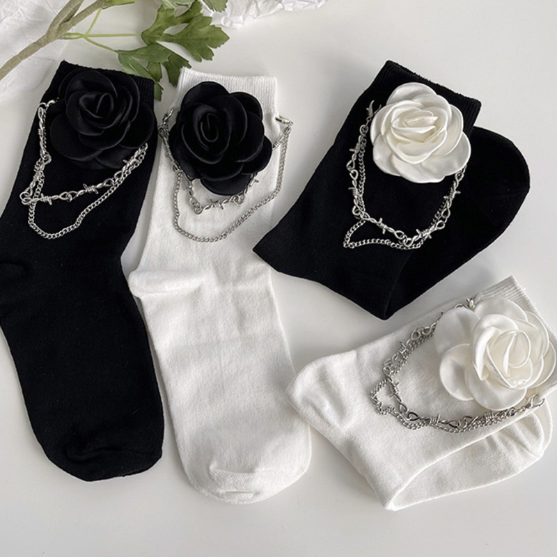 Xixi Vớ Cotton Phối Dây Xích Kim Loại Hình Hoa Trà Phong Cách Gothic Punk Harajuku Cho Nữ Sinh