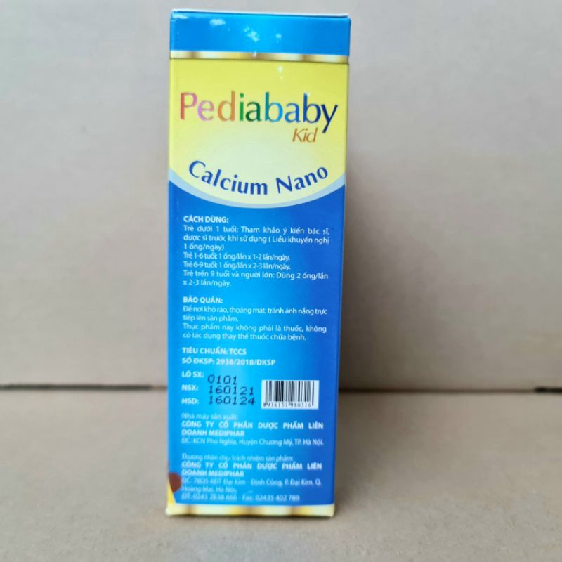 Pediababy Calcium Nano bổ sung canxi giúp phát triển chiều cao, tăng sức đề kháng cho bé - Hộp 20 ống