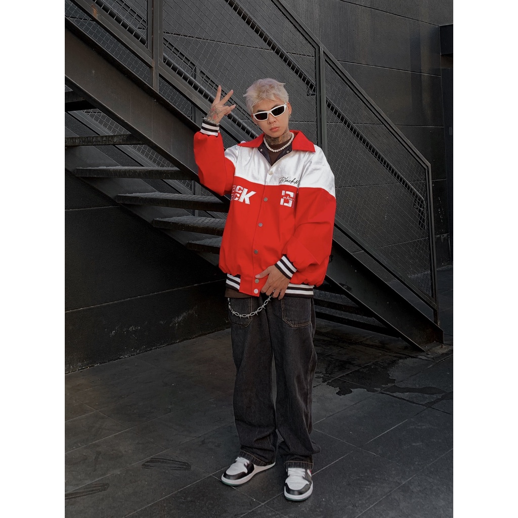 Áo Khoác Rockie Bomber Varsity, cổ bẻ,màu ĐỎ Full Thêu BLACKMIACK Varsity Jacket