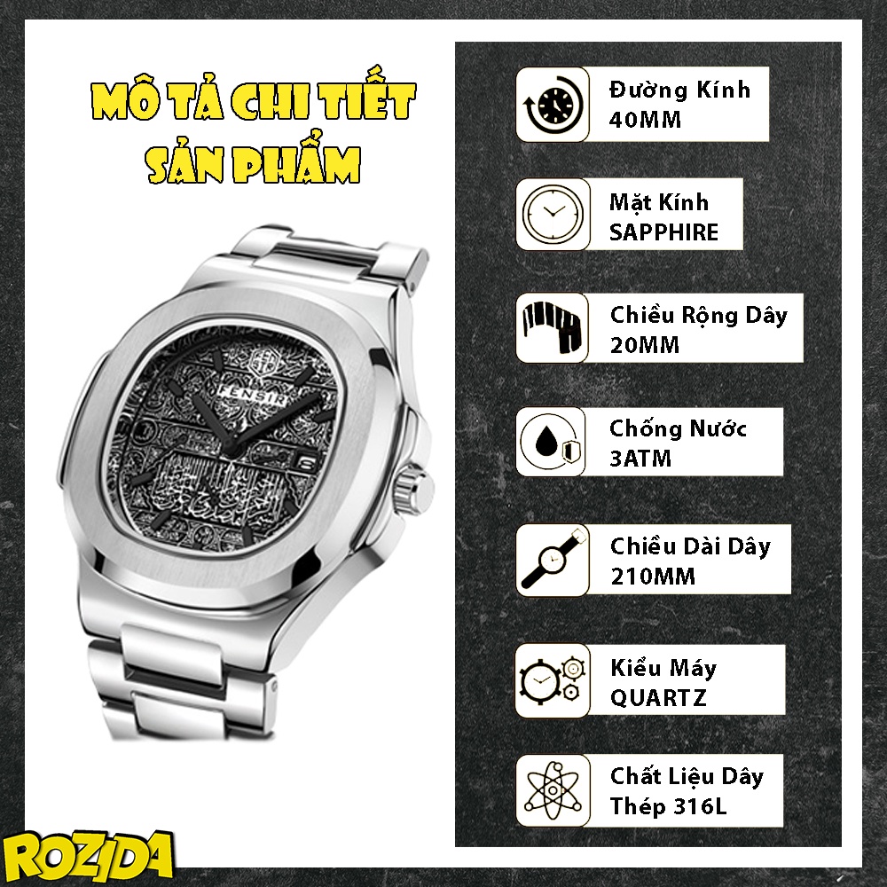 Đồng hồ nam chính hãng cao cấp chống nước đẹp dây thép hợp kim 316L mặt vuông thời trang W16