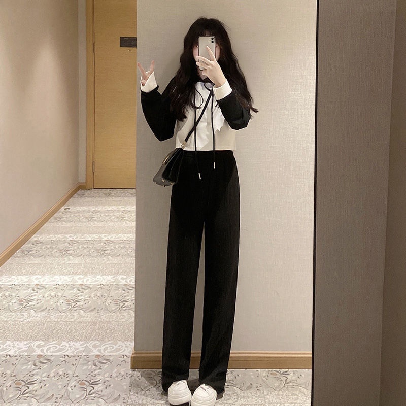 Early autumn suit girl student foreign style small hooded hoodie high waist wide leg pants leisure temperament two sets of tide
