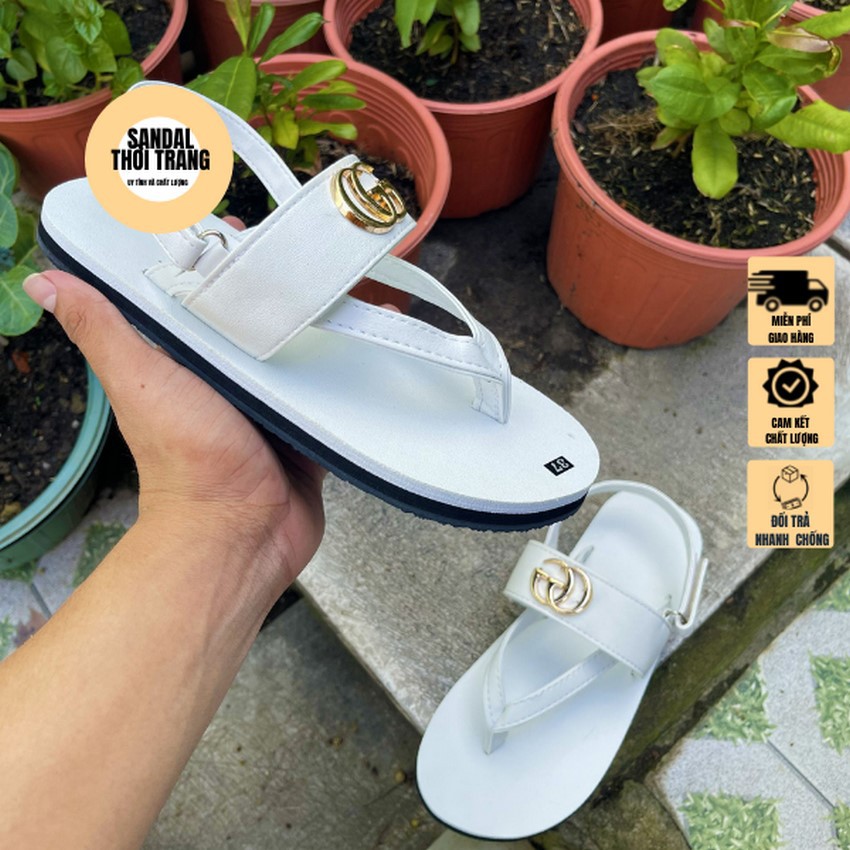 Dép quai hậu nữ nam, SANDALTHOITRANG Sandal nữ đi học quai chữ T GG Full Trắng size 30-44