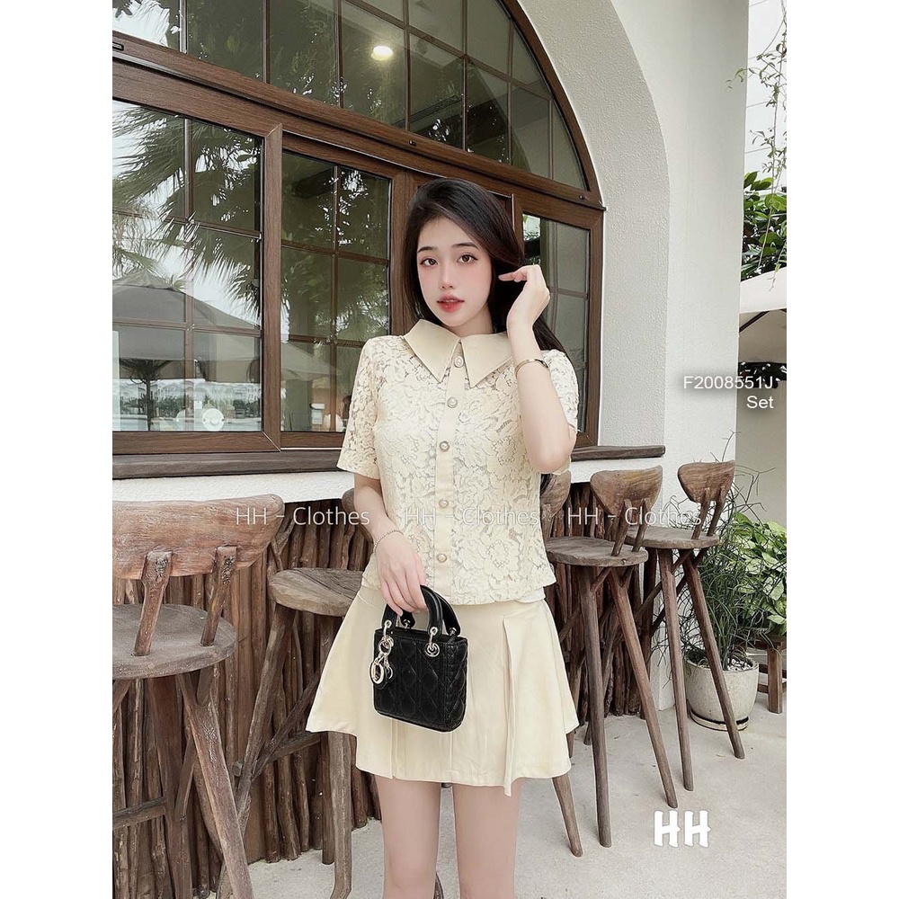 Set áo sơ mi ren tay con kèm chân váy nude ngắn có lót!