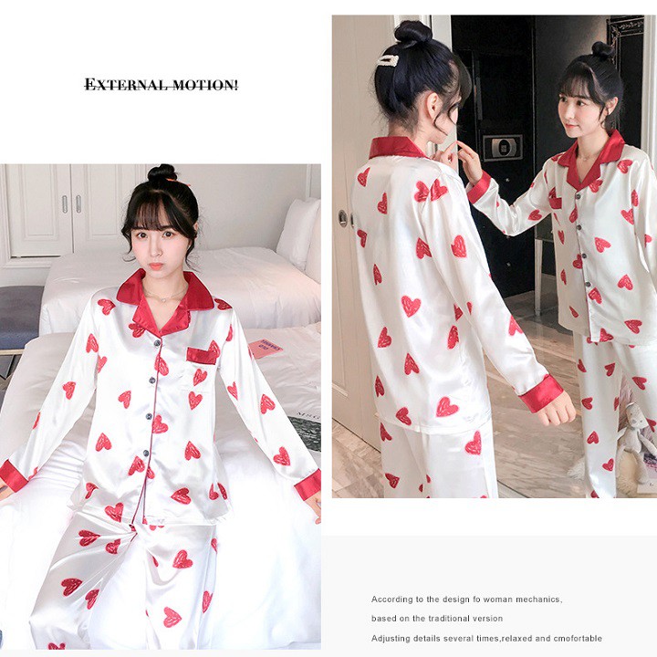 Đồ Bộ Pijama  Đồ Ngủ Nữ Lụa Dài Tay  Bộ Mặc Nhà Nữ Cao Cấp Họa Tiết Trái Tim Yêu  IVY056