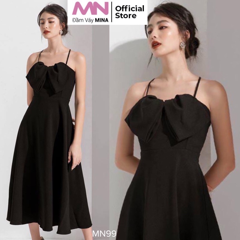 Đầm đen dáng xoè hai dây nơ dự tiệc đi chơi dạo phố xinh xắn - MN99 - Đầm Váy Mina