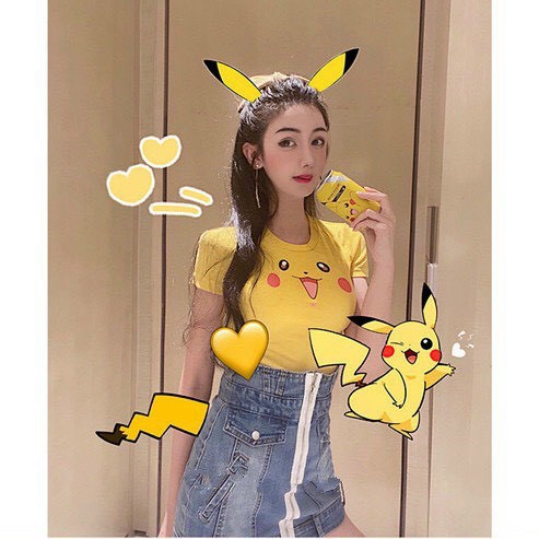 Áo thun tay ngắn croptop form tôn dáng hoạt hình Pika dễ thương