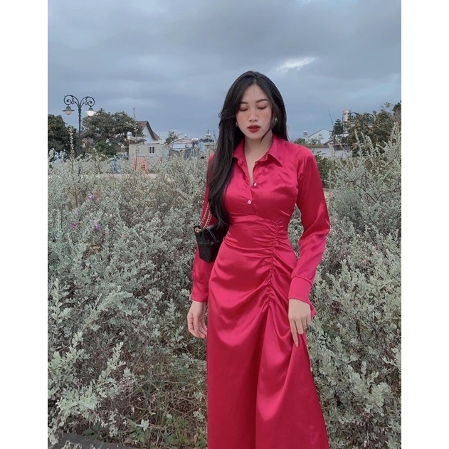 Đầm maxi sơmi phi nhíu eo dài tay 2 màu