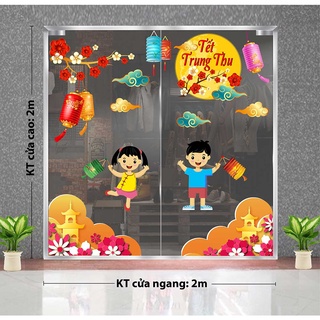 Decal trang trí tết trung thu 2021 bé trai gái chơi lồng đèn đón trung thu