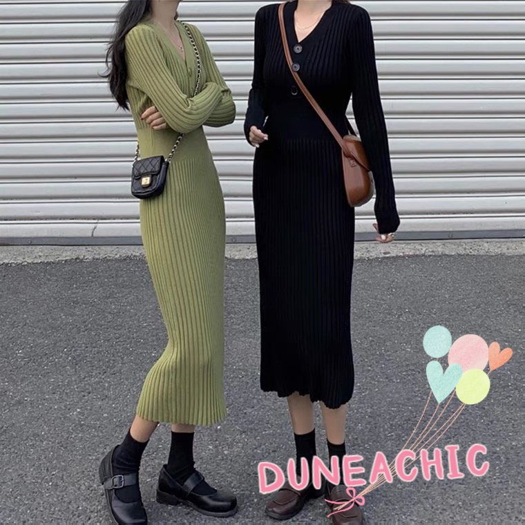 DUNEA Đầm Sweater Dáng Dài Lưng Cao Cổ Chữ V Quyến Rũ Cho Nữ