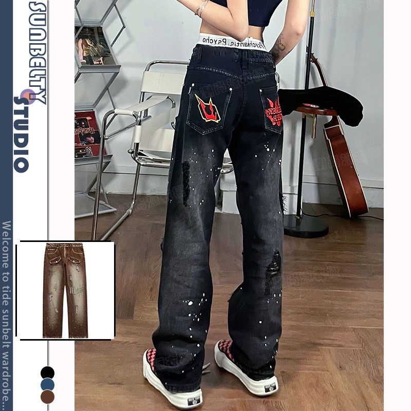 Quần Jean Ống Rộng Lưng Cao Thêu Mực Nước Giặt Được Phong Cách Mỹ Cho Nam Và Nữ