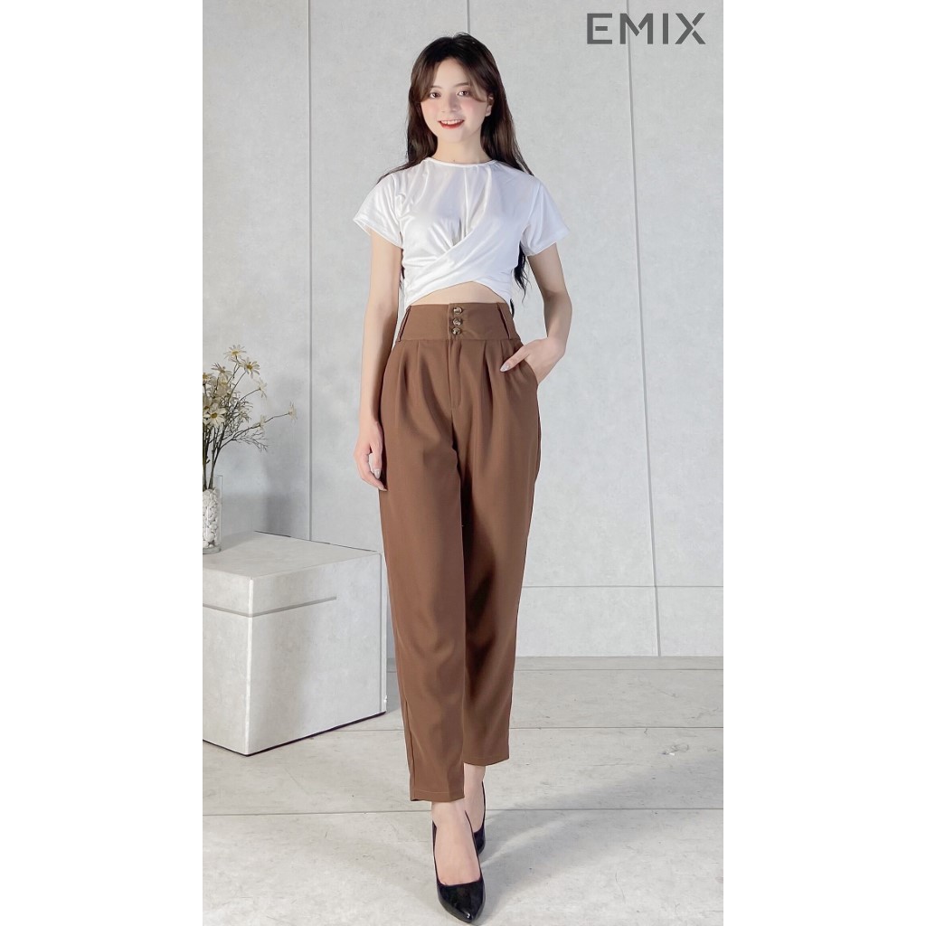 Quần tây nữ baggy 3 khuy EMIX (màu nâu), dáng dài, cạp cao, bản to 7cm, form rộng, vải tuyết mưa mềm mịn, không nhàu 303