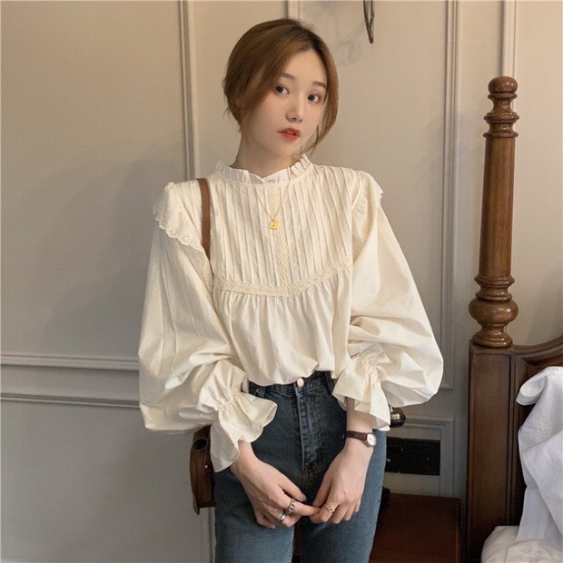Áo sơ mi viền bèo ren ngực tay phồng - Áo babydoll cánh tiên viền ren bo tay