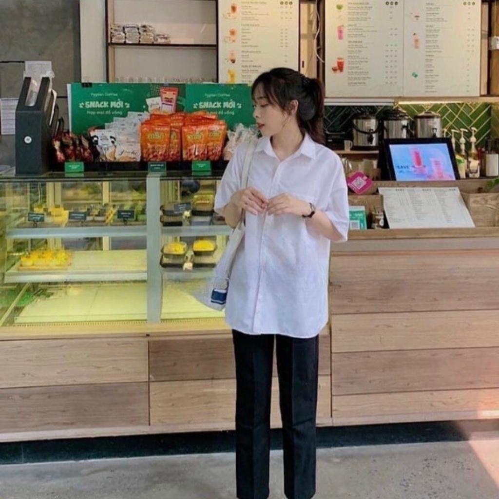 Áo sơ mi học sinh tay lỡ form rộng Xquin, Áo sơ mi cổ trụ phối túi đi học cực xinh