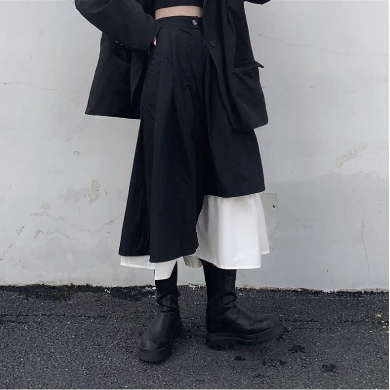 Chân váy ulzzang xòe vạt lệch phối đen trắng - Chân váy dài phong cách hàn quốc CV09 | BigBuy360 - bigbuy360.vn
