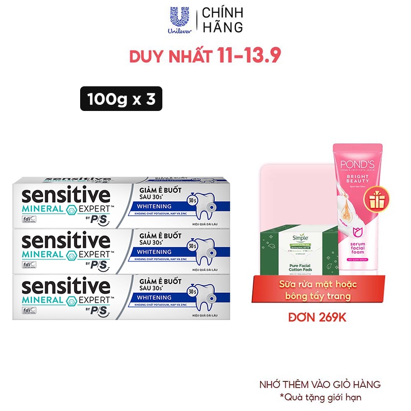 Bộ 3 Hộp Kem đánh răng P/S giảm ê buốt sau 30 giây Sensitive Mineral Expert Whitening với tác động từ khoáng 100g