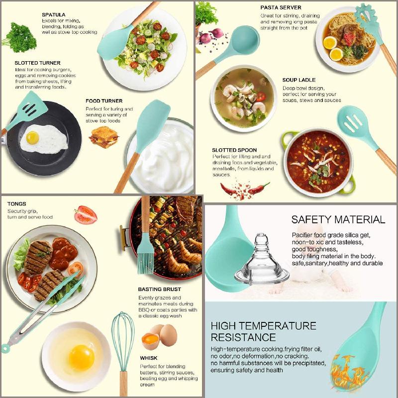 Set 12 dụng cụ nấu ăn ANAEAT silicone chống dính tay cầm bằng gỗ sử dụng trong nhà bếp