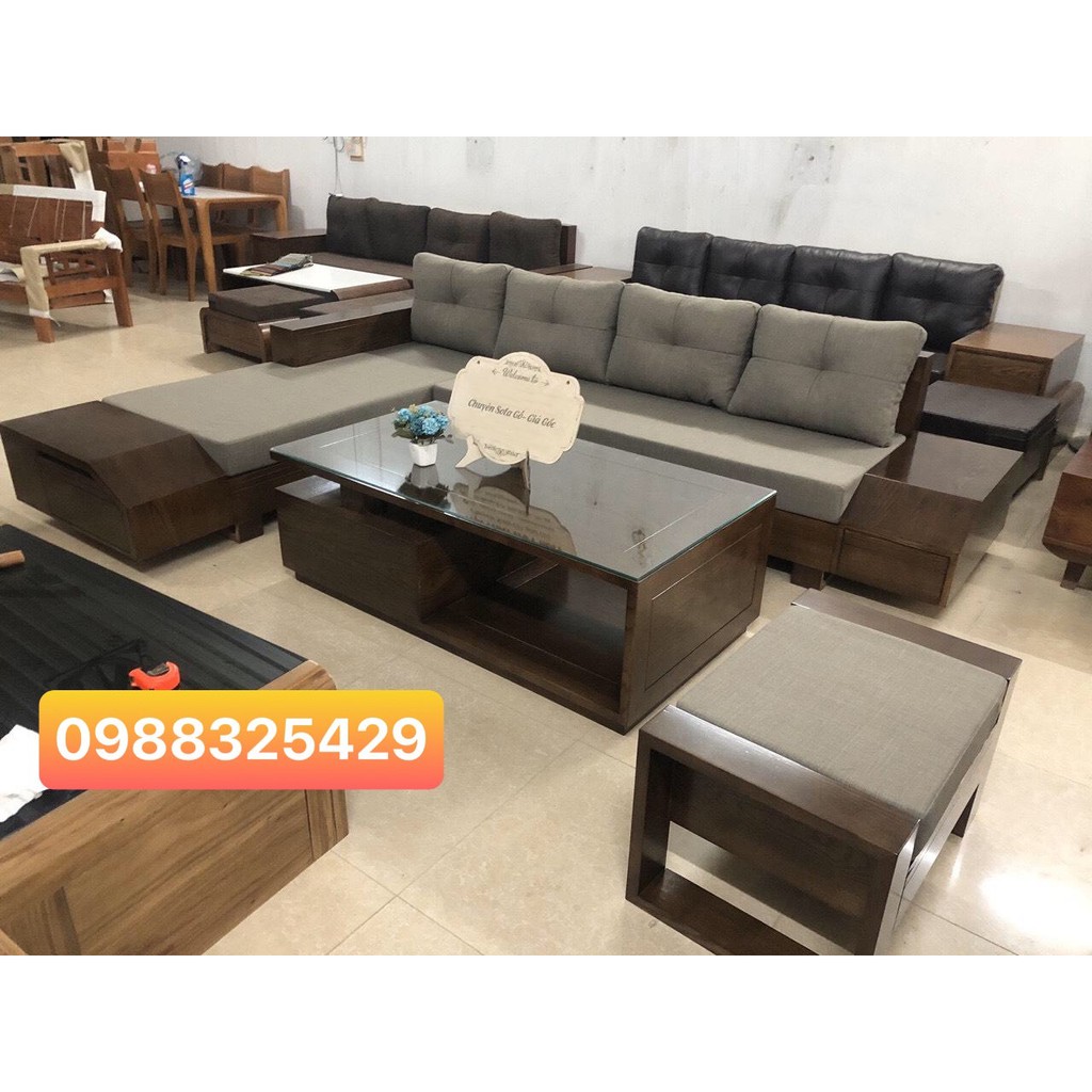 SOFA GỖ CHỮ L 2M7X1M8 ĐỆM DA NỈ CAO CẤP