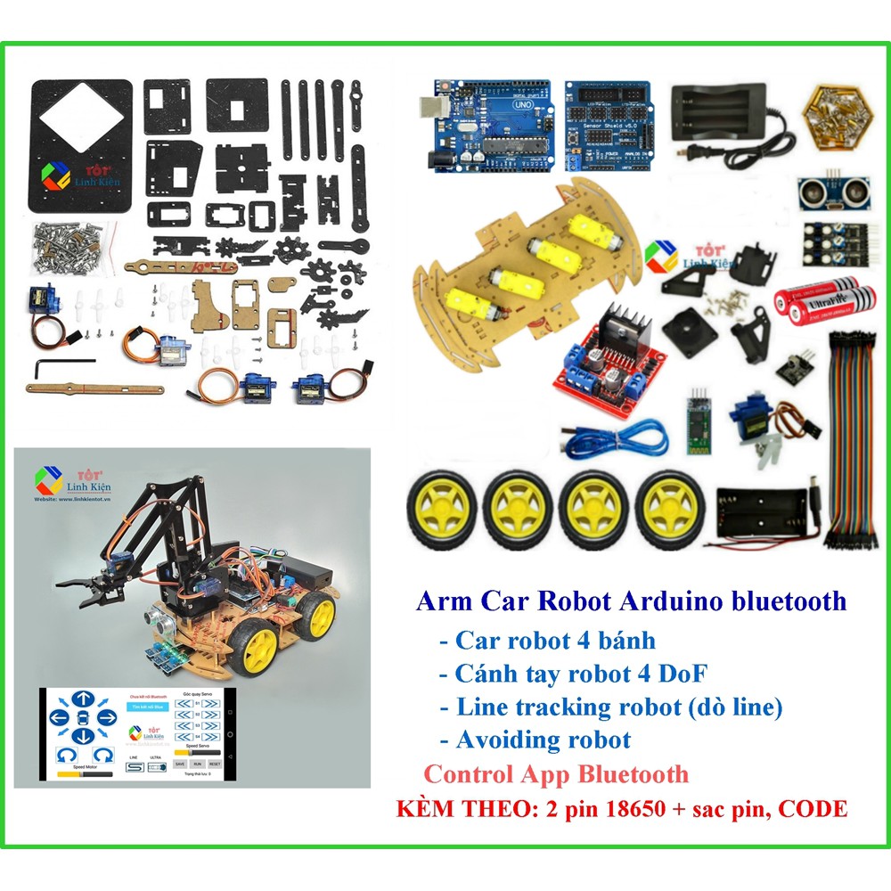 [Mã 99ELSALE hoàn 7% đơn 300K] [Đa năng] Arm Car Robot Bluetooth DIY- Bộ Xe Cánh Tay 4 Bậc Đa Năng Điều Khiển Bluetooth