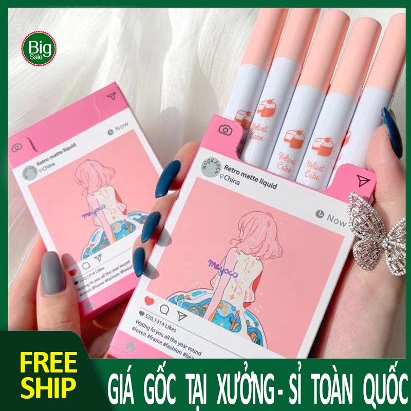 Set 5 son Mugeleen hình hộp thuốc lá , son kem cổ trang siêu lì mịn đẹp cô gái Cô Gái Meyoco Retro Matte Liquid  A34