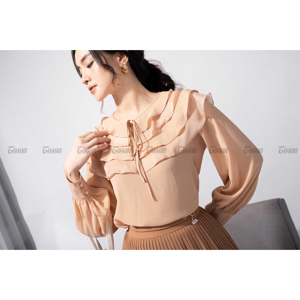 Áo sơ mi tơ gân be da, cổ xếp bèo đổ nhiều tầng -TOSON - 11504E81