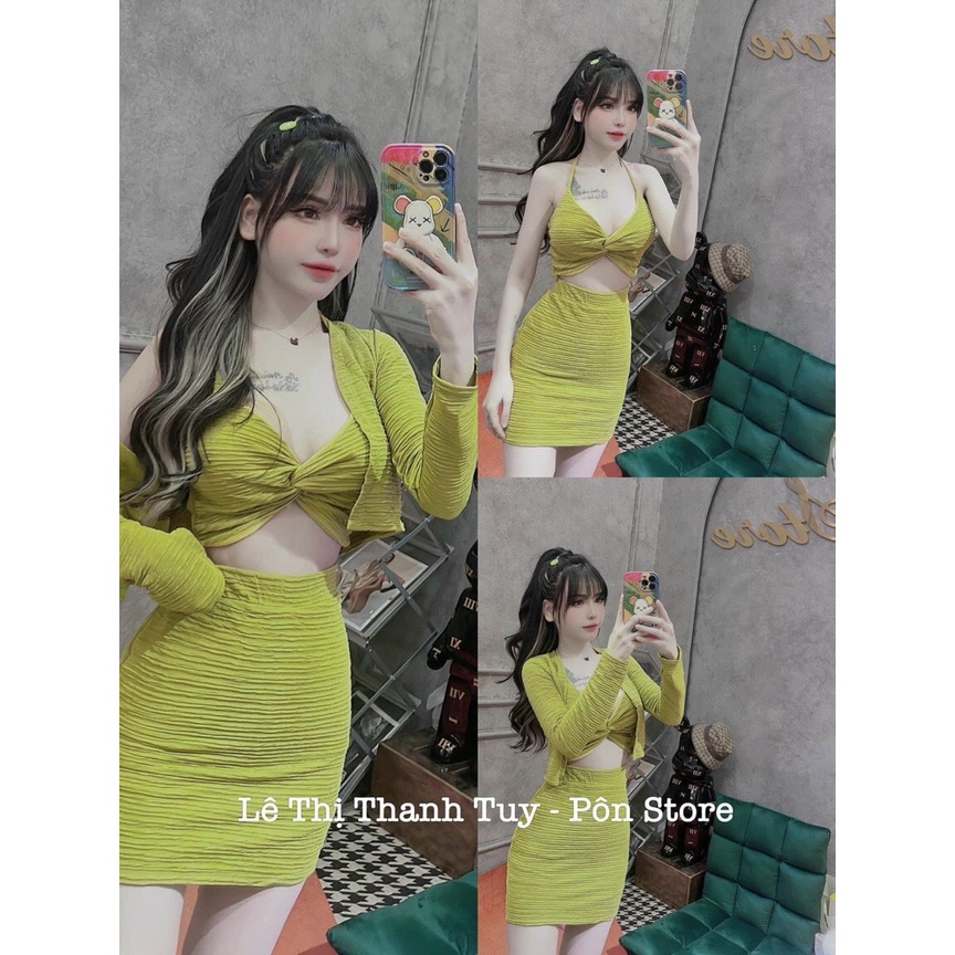 [9.9 Sales Freeship] Set váy nữ 3 món, set áo thun xốp 2 dây xoắn ngực kèm áo khoác ngoài tay dài, chân váy ôm ngắn sexy