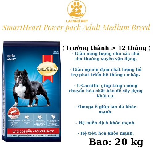 THỨC ĂN DÀNH CHO CHÓ TRƯỞNG THÀNH GIÚP TĂNG CƠ BẮP SMARTHEART POWER PACK 20KG - Lai Nhự Pet