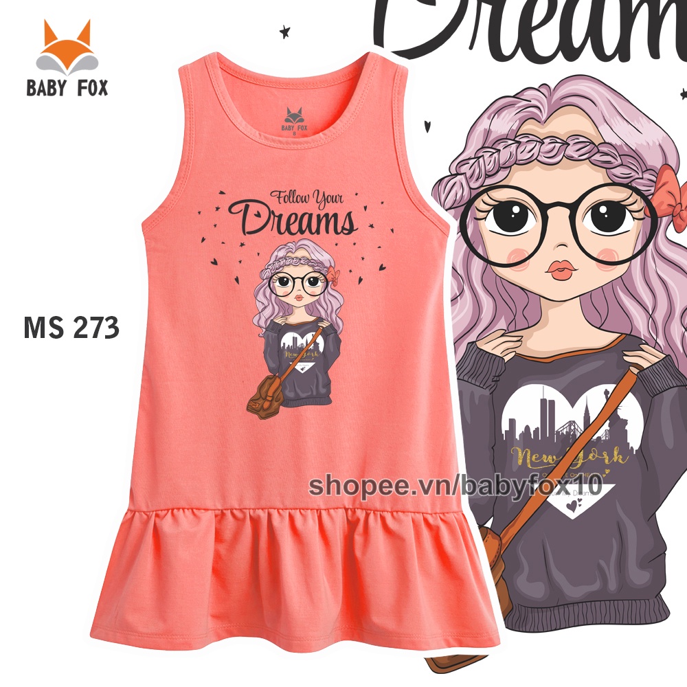 Đầm bé gái 100% cotton loại tốt, thương hiệu BABY FOX, in hình bé gái, size nhỏ, trung, đại b