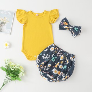 Set Áo Liền Quần & Quần Short & Băng Đô Quấn Đầu Cho Bé Gái Sơ Sinh