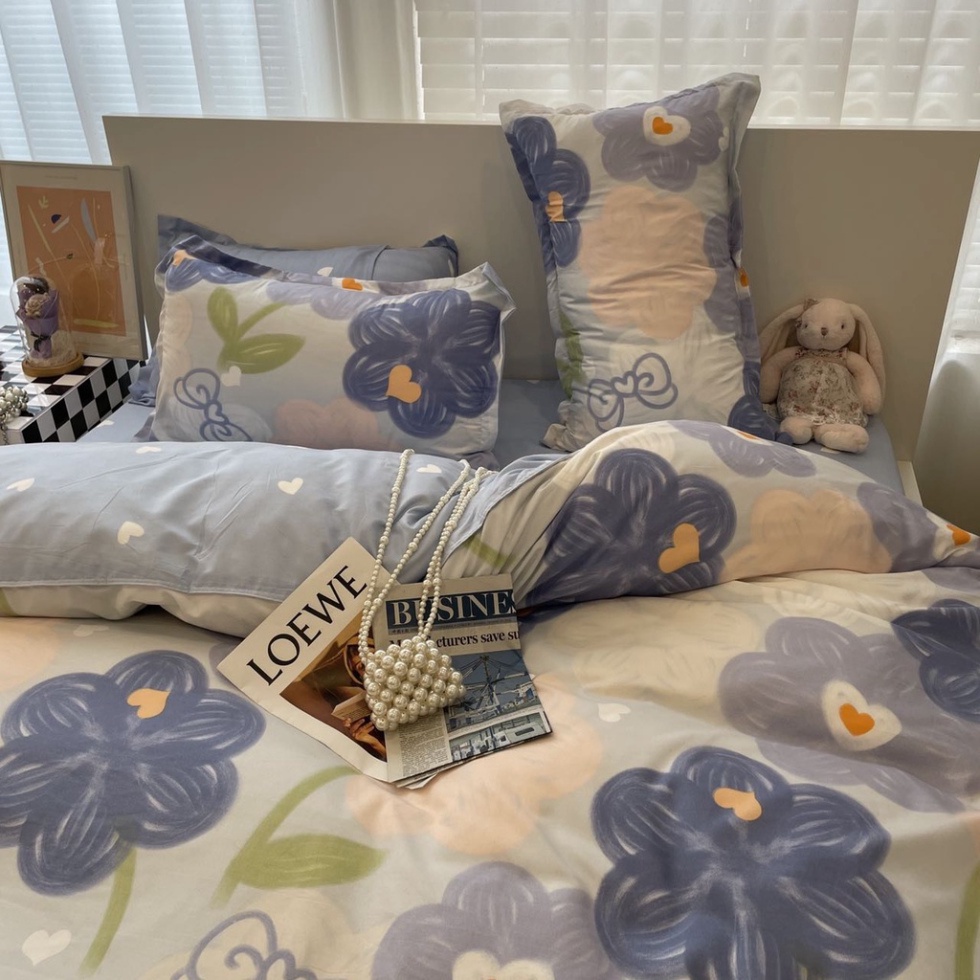 Bộ chăn ga gối cotton poly phong cách dễ thương - Mẫu hoa sáp xanh Drap Giường Đủ Kích Thước Trải Nệm 1m, 1m2, 1m4, 1m6,