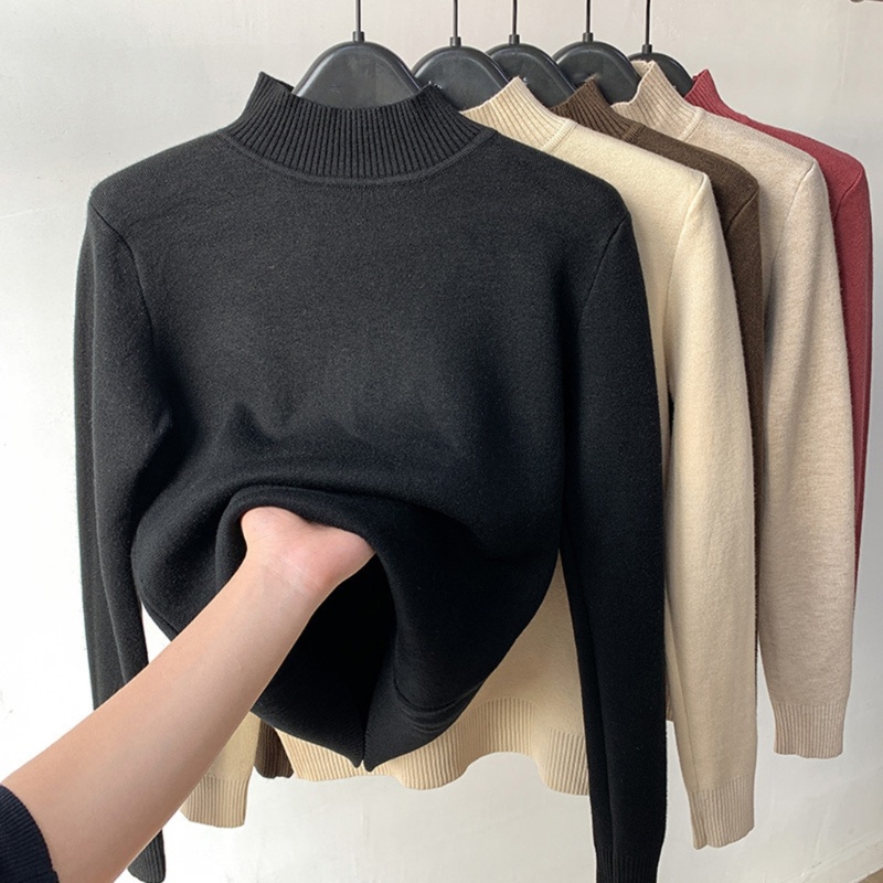 Áo Sweater Dệt Kim Cổ Lọ Lót Lông Cừu Giữ Ấm Thời Trang Cho Nữ