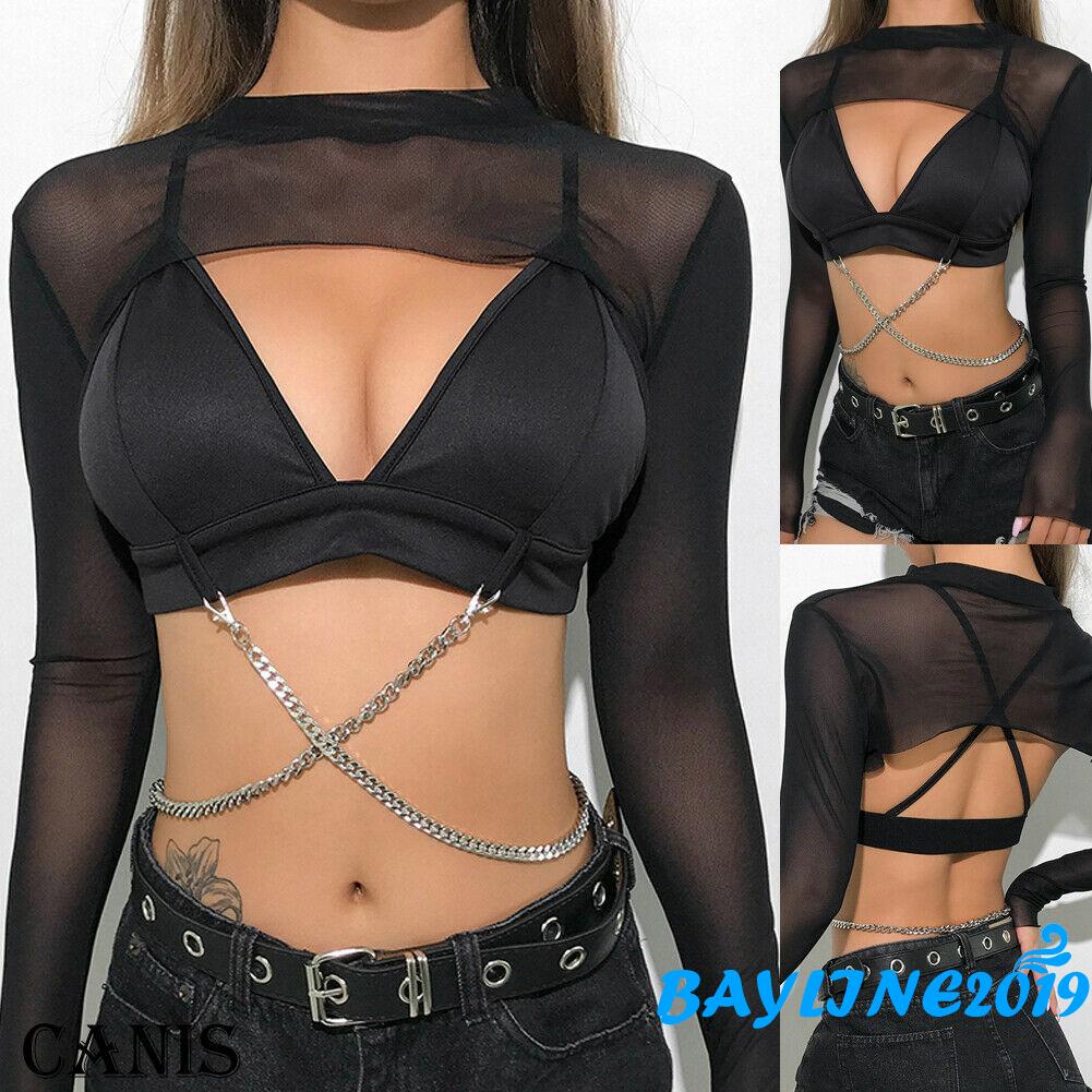 Áo Lưới Croptop Xuyên Thấu Dài Tay Quyến Rũ Dành Cho Nữ