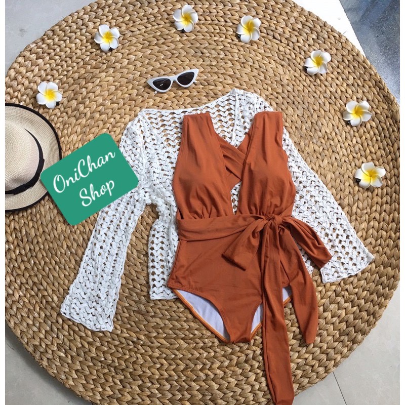 Bikini 1 Mảnh Xẻ Ngực Cột Dây Chéo Lưng, Bodysuit Đi Biển Hở Lưng Đủ Màu  - OS081