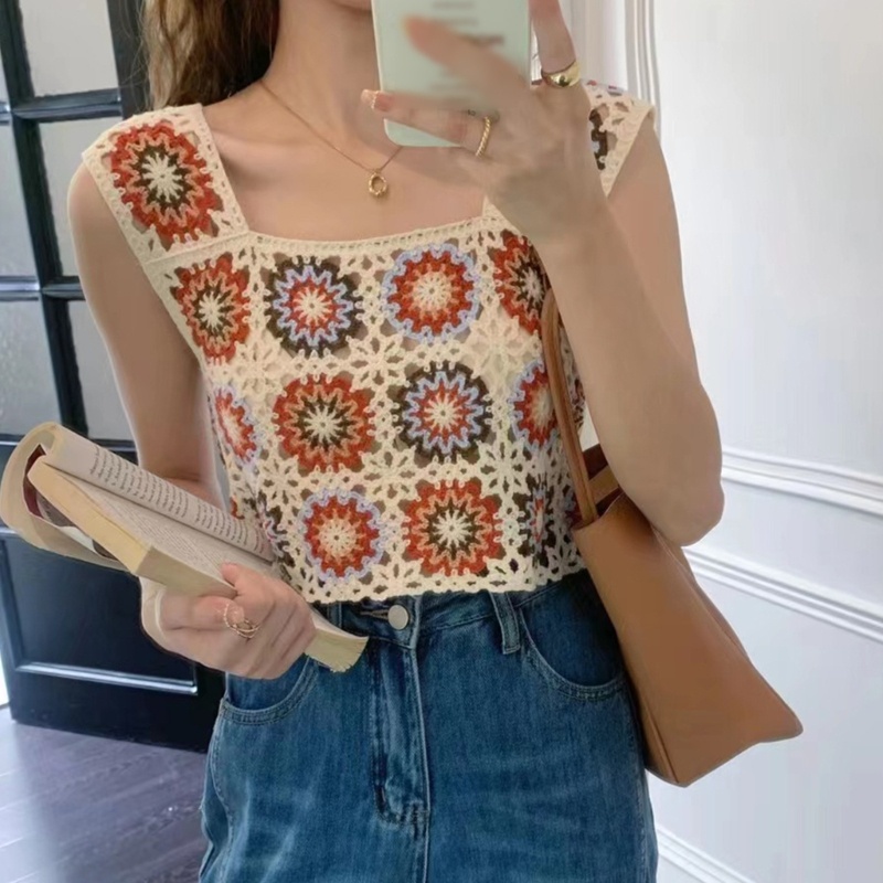 Áo Croptop Dệt Kim Cổ Vuông Khoét Lỗ Thời Trang Đi Biển Cho Nữ