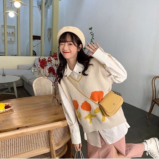 (MỚI) Áo len không tay cổ chữ V form rộng theo phong cách retro Hàn Quốc