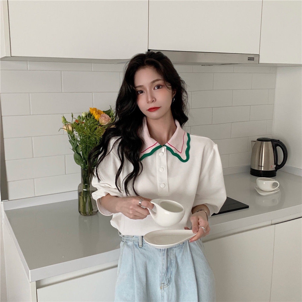 Áo polo Tay Ngắn Phồng Cổ Búp Bê Sang Trọng Dành Cho Nữ