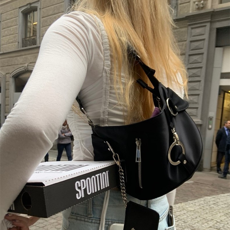 Túi xách tay hình bán nguyệt một dây đeo phối dây chuỗi chất liệu vải nylon cho nữ IELGY