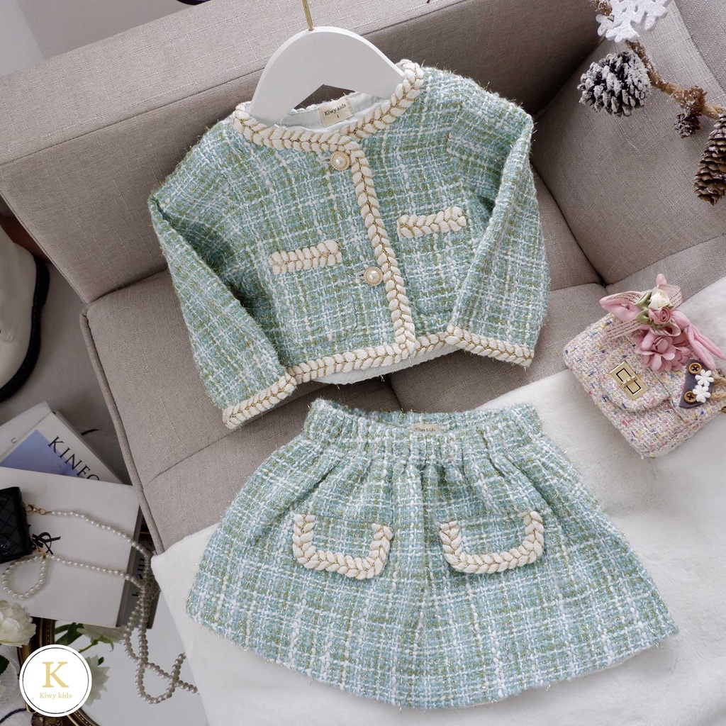 Set dạ bé gái Kiwy Kids chất liệu dạ tweed gồm áo khoác và chân váy cạp chun Kids2107N cho bé từ 9 tháng 11 tuổi