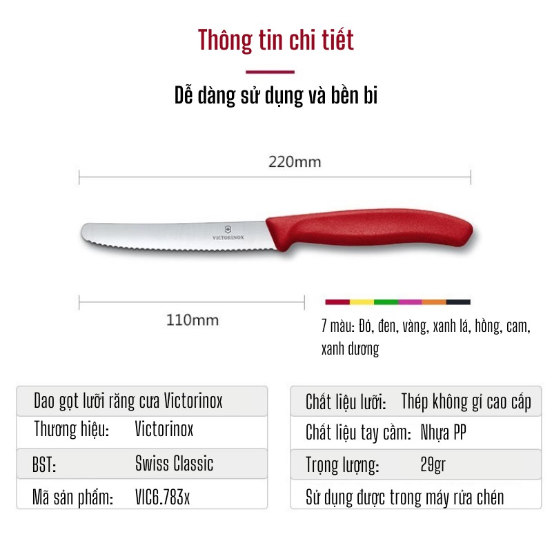 [Thụy Sĩ] Dao Victorinox răng cưa gọt hoa quả 11cm cán nhựa nhiều màu