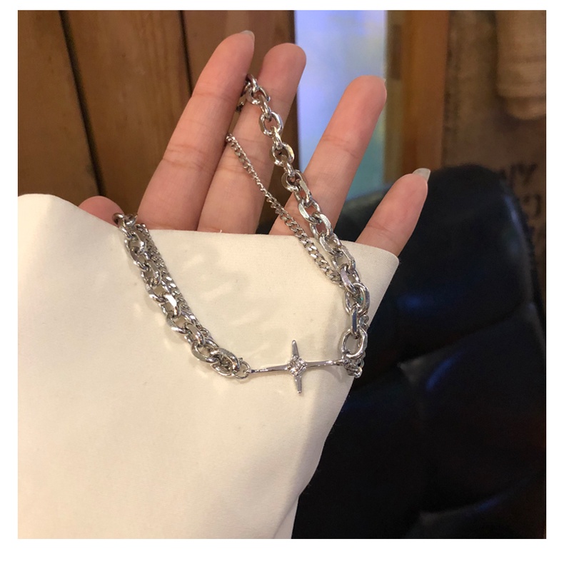 Vòng cổ Hai Lớp Bằng Thép Titan Mặt Chữ Thập Thời Trang Hàn Quốc