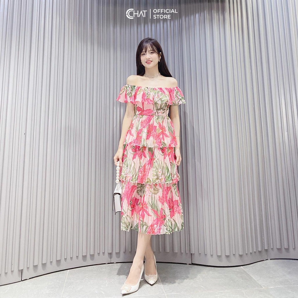 Đầm Nữ 𝐂𝐂𝐇𝐀𝐓 Dập Ly Tăm Bung Trễ Vai Chất Vaon Mềm Mại Phong Cách Trẻ Trung 12VNV5013LT