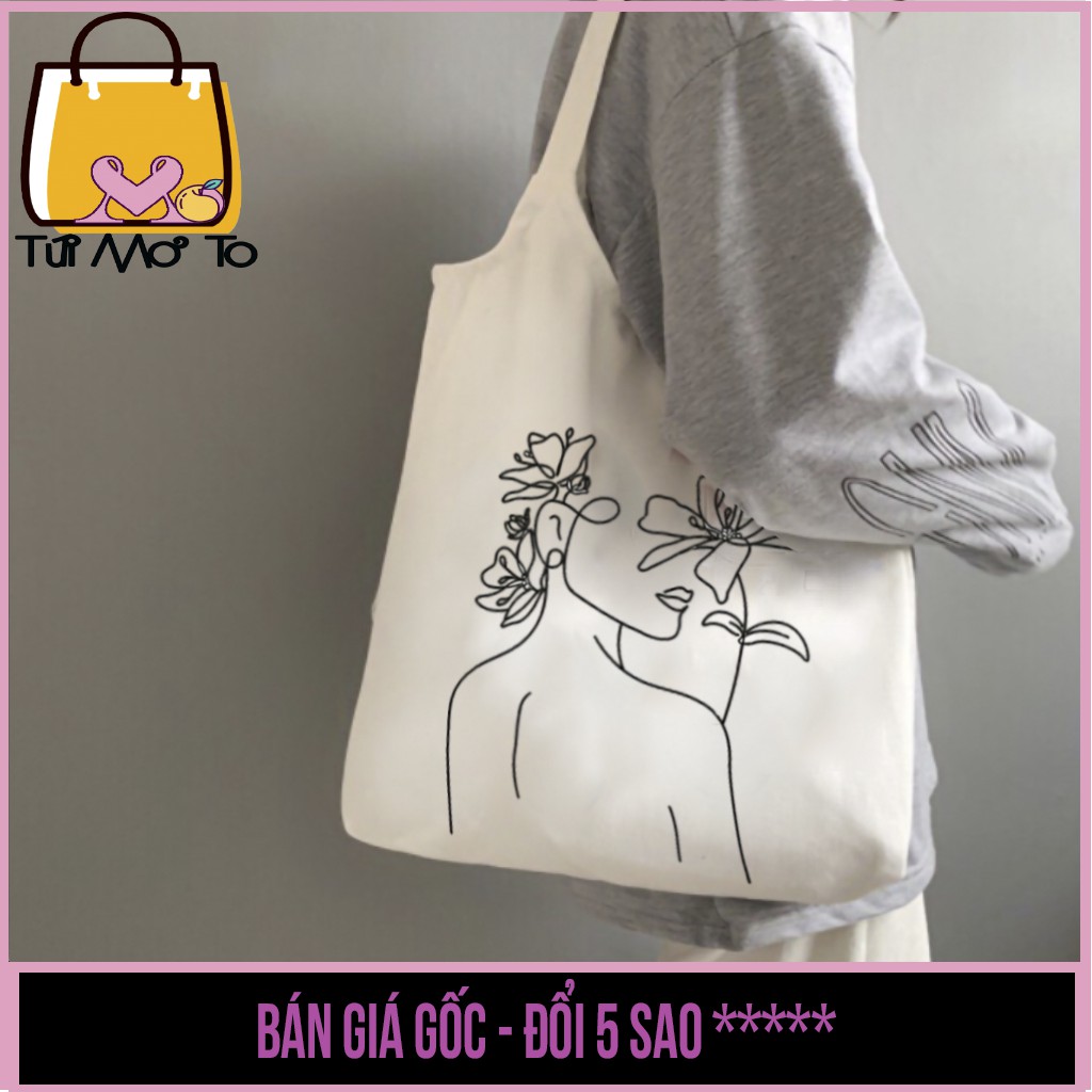 Túi tote vải canvas quai tròn có khóa kéo in hình cô gái đơn sắc - Túi Mơ To store