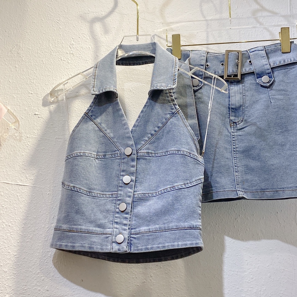 Jiashucheng Áo Hai Dây + Quần Culottes Denim Xanh Nhạt Thời Trang Mùa Hè Nóng Bỏng Cho Bé Gái