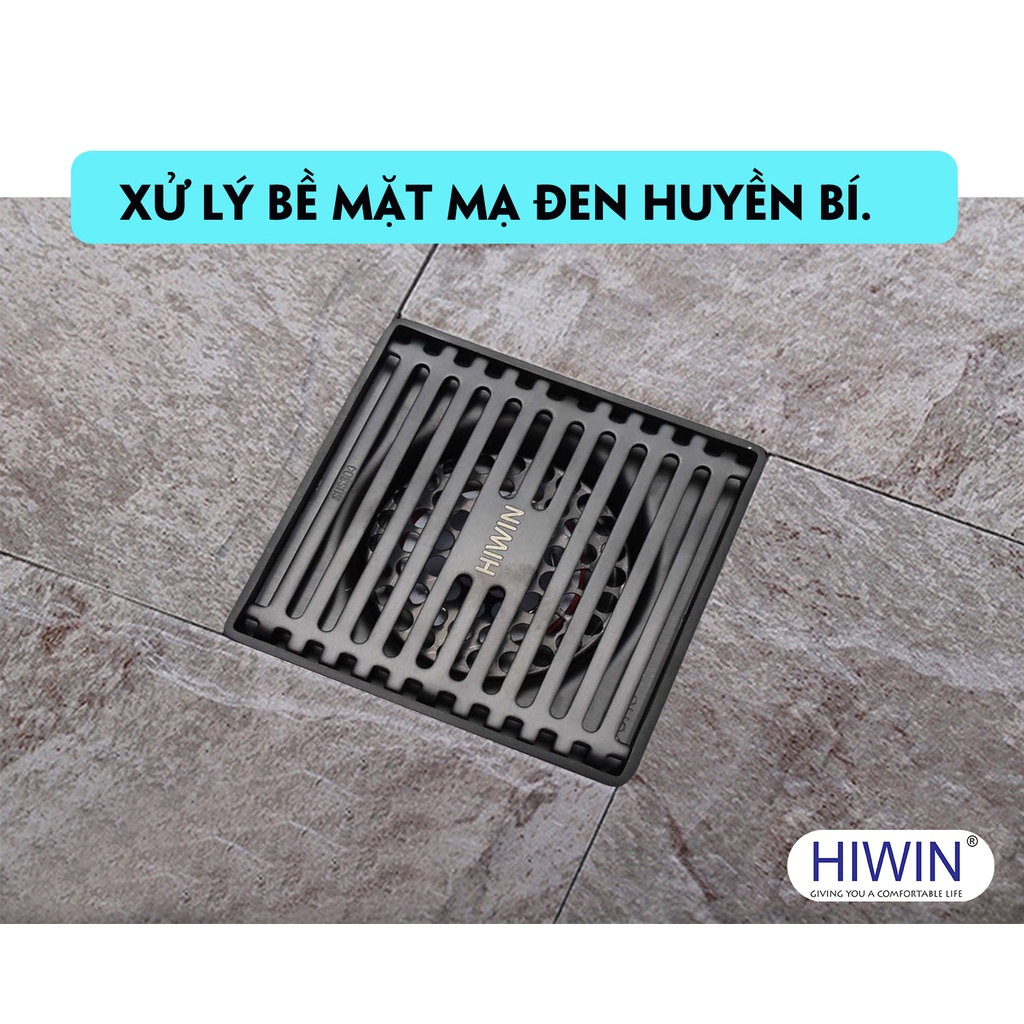 Thoát sàn chống mùi hôi inox 304 mạ đen cao cấp Hiwin FD-2218 100x100mm