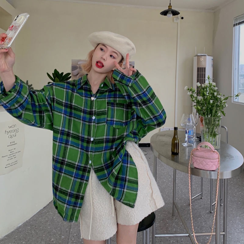 SUXI Áo Sơ Mi Nữ Tay Dài Dáng Rộng Họa Tiết Caro Phong Cách Hàn Quốc