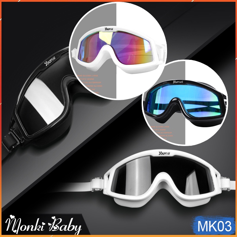 Kính bơi bản rộng, mắt kính lớn tăng tầm nhìn, antifog, chống vào nước và tia UV, dây silicone mềm có điều chỉnh | MK03