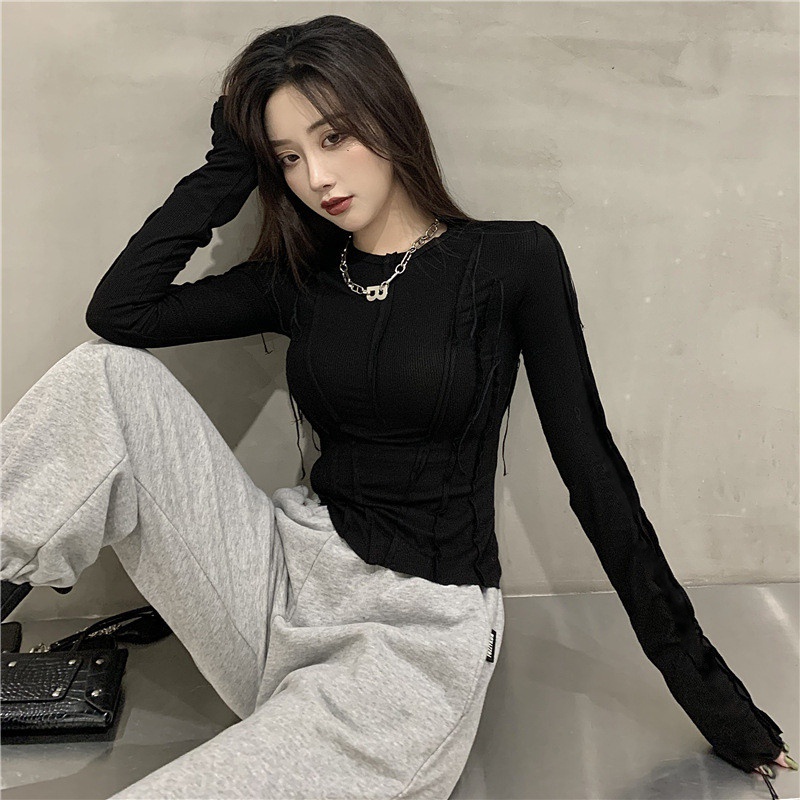 Áo Thun viền gân dáng croptop dài tay