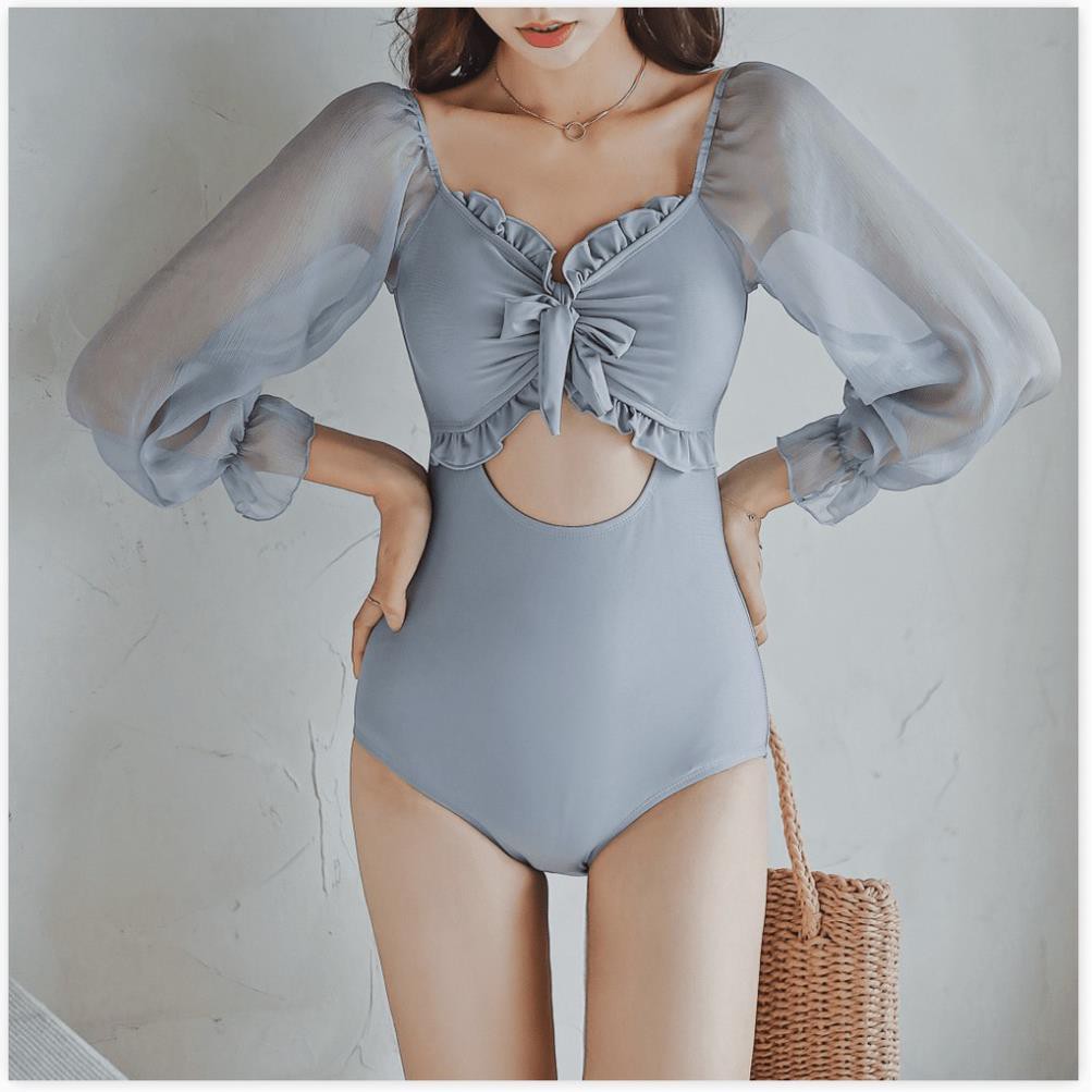 Bikini nữ đẹp, Áo tắm biển nữ một mảnh hàn quốc phụ nữ in gió tay dài cạp cao eo thon bikini áo tắm mùa xuân nóng 👙